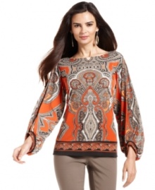 Start your day with a statement-making print--Alfani's top is a cinch to pair with taupe pants for work or weekend.