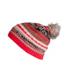 Work a fun edge into your chic winter accessories collection with Juicy Coutures bright linen-multi heritage knit beanie - Ribbed coral brim, faux fur pom-pom - Wear with sporty parkas and just as bright mittens Work a fun edge into your chic winter accessories collection with Juicy Coutures bright linen-multi heritage knit beanie - Ribbed coral brim, faux fur pom-pom - Wear with sporty parkas and just as bright mittens