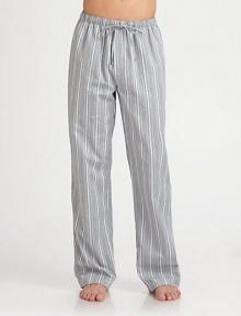 Stylish woven cotton lounge pant features a sophisticated stripe pattern for a streamlined finish.Elastic drawstring waistInseam, about 32CottonMachine washImported Stylish woven cotton lounge pant features a sophisticated stripe pattern for a streamlined finish.Elastic drawstring waistInseam, about 32CottonMachine washImported