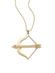 THE LOOKBow & arrow pendant.01 tcw diamond accents14k yellow gold settingSpring ring closureTHE MEASUREMENTPendant width, about 1.25Pendant length, about 1.25Length, about 15.5ORIGINImported