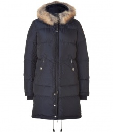 Stay warm in style with this down parka from Parajumpers - Fur trimmed hood with clasp closure, concealed front zip closure, long sleeves with logo at shoulder, zip pockets, side zips at hem, quilted, water resistant lining, back zip slit and drawstring - Style with skinny jeans, a cashmere sweater, and shearling boots