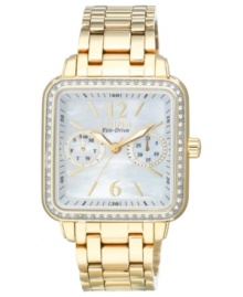 A golden dazzler, by Citizen. This Silhouette watch shines with crystal accents and golden tones. Built with Eco-Drive technology, harnessing both natural and artificial light, never needing a battery. A golden dazzler, by Citizen. This Silhouette watch shines with crystal accents and golden tones. Built with Eco-Drive technology, harnessing both natural and artificial light, never needing a battery.