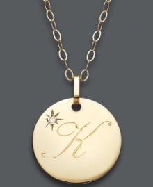 The perfect personalized present! Kristin or Kathleen will be thrilled to open this thoughtful initial letter pendant. Crafted in 14k gold with a sparkling diamond accent. Approximate length: 16 inches + 2-inch extender. Approximate drop: 3/4 inch. The perfect personalized present! Kristin or Kathleen will be thrilled to open this thoughtful initial letter pendant. Crafted in 14k gold with a sparkling diamond accent. Approximate length: 16 inches + 2-inch extender. Approximate drop: 3/4 inch.