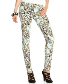 Covered in a vivid scarf-print, Celebrity Pink Jeans' five-pocket skinnies wake-up your world with super-graphic style!