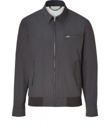 Stylish zip up jacket in fine, cotton and nylon blend - Chic yet relaxed in cool, faded grey - Elegant blouson style with small collar and gathered contrast hem - Zip pocket at chest, flap pockets at sides - Long sleeves with snap cuffs, elegant pleat detail at back - Modern silhouette is straight and slim - A sleek, versatile staple - Pair with a button down or cashmere pullover and jeans, chinos or dressier trousers Stylish zip up jacket in fine, cotton and nylon blend - Chic yet relaxed in cool, faded grey - Elegant blouson style with small collar and gathered contrast hem - Zip pocket at chest, flap pockets at sides - Long sleeves with snap cuffs, elegant pleat detail at back - Modern silhouette is straight and slim - A sleek, versatile staple - Pair with a button down or cashmere pullover and jeans, chinos or dressier trousers