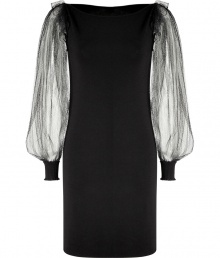 Ethereal meets classically chic with this tulle sleeve knit cocktail dress from Azzaro - Bateau neckline, tulle balloon sleeves with ribbed cuffs, figure-hugging fit - Wear with statement heels and a studded clutch