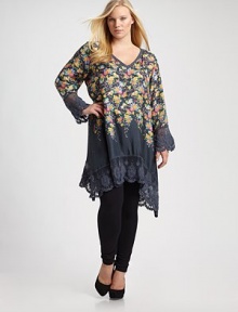 EXCLUSIVELY AT SAKS.COM. Lengthy, silk v-neck in a playful floral print, finished with semi-sheer lace trim and an asymmetrical hem. V-neckLong sleevesSemi-sheer lace cuffsSemi-sheer lace hemAbout 37 from natural waistSilkMachine washImported