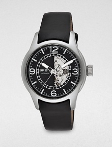 A handsome design with automatic movement in stainless steel casing and a sophisticated leather strap.Automatic movementRound bezelWater resistant to 10ATMSecond handStainless steel case: 41.5mm(1.63)Leather braceletImported A handsome design with automatic movement in stainless steel casing and a sophisticated leather strap.Automatic movementRound bezelWater resistant to 10ATMSecond handStainless steel case: 41.5mm(1.63)Leather braceletImported