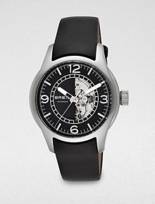 A handsome design with automatic movement in stainless steel casing and a sophisticated leather strap.Automatic movementRound bezelWater resistant to 10ATMSecond handStainless steel case: 41.5mm(1.63)Leather braceletImported