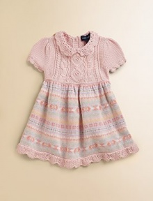 An adorable, cozy dress is knit in a Fair Isle design for a fair little lady.Peter Pan collarPuffy short sleeves with scalloped trimBack buttonsCabled bodiceEmpire waist with full knit skirtRuffled hem64% cotton/15% lambswool/11% wool/10% cashmereMachine washImported Please note: Number of buttons may vary depending on size ordered. An adorable, cozy dress is knit in a Fair Isle design for a fair little lady.Peter Pan collarPuffy short sleeves with scalloped trimBack buttonsCabled bodiceEmpire waist with full knit skirtRuffled hem64% cotton/15% lambswool/11% wool/10% cashmereMachine washImported Please note: Number of buttons may vary depending on size ordered.