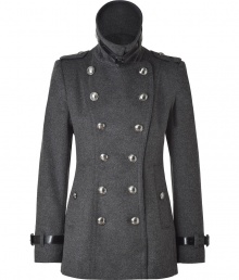 Military-inspired details add trend-right edge to this luxe wool-and-cashmere-blend coat from Burberry London - Stand collar with belted detail, epaulets, long sleeves with belted cuffs, double-breasted with silver-tone buttons, flap pockets, fitted silhouette - Wear with an elevated jeans-and-tee ensemble or a pencil skirt, blouse, and heels Military-inspired details add trend-right edge to this luxe wool-and-cashmere-blend coat from Burberry London - Stand collar with belted detail, epaulets, long sleeves with belted cuffs, double-breasted with silver-tone buttons, flap pockets, fitted silhouette - Wear with an elevated jeans-and-tee ensemble or a pencil skirt, blouse, and heels