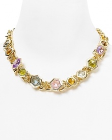 A bold cluster of gemstones make this ABS by Allen Schwartz necklace an effortless, color-pop showpiece, cast in 12-karat gold plated metal. A bold cluster of gemstones make this ABS by Allen Schwartz necklace an effortless, color-pop showpiece, cast in 12-karat gold plated metal.