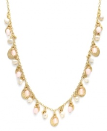 Sweet femininity. This delicate necklace from Lauren by Ralph Lauren charms with a delightful mix of freshwater pearls (4mm), pale pink jade accents, and metallic disc charms. Set in brass tone mixed metal and secured with a lobster claw clasp. Approximate length: 18 inches.