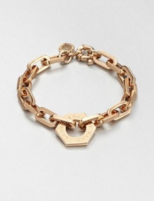 A logo accented nut charm sits on a narrow, chain link design. Rose goldtone brassLength, about 7.6Charm size, about .75Spring ring closureImported 