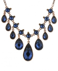 2028 is feeling blue, but in a good way. This bib necklace is crafted from copper-tone mixed metal and adorned with stunning blue stone teardrop accents. Approximate adjustable length: 16 inches + 3-inch extender. Approximate drop: 2-1/2 inches. 2028 is feeling blue, but in a good way. This bib necklace is crafted from copper-tone mixed metal and adorned with stunning blue stone teardrop accents. Approximate adjustable length: 16 inches + 3-inch extender. Approximate drop: 2-1/2 inches.