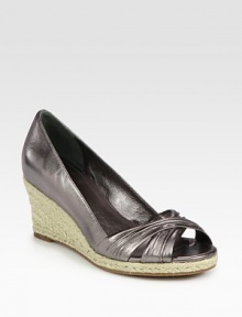 Ruched metallic leather peep toe, grounded by a textured espadrille wedge. Hemp-covered wedge, 2½ (65mm)Hemp-covered platform, ½ (15mm)Compares to a 2 heel (50mm)Leather upperLeather liningRubber solePadded insoleImportedOUR FIT MODEL RECOMMENDS ordering true size. 