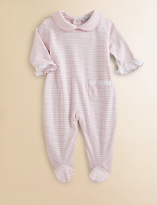 This precious one-piece is crafted in plush pima cotton and adorned with ruffles and stripes for sweet baby style.Peter Pan collarLong sleeves with ruffle cuffsPatch pocketBack snapsBottom snapsPima cottonMachine washImported Please note: Number of snaps may vary depending on size ordered. 