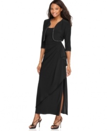 This petite dress and jacket ensemble from Alex Evenings has super-feminine details like pretty beaded trim and a graceful drape for a stunning special occasion look. This petite dress and jacket ensemble from Alex Evenings has super-feminine details like pretty beaded trim and a graceful drape for a stunning special occasion look.