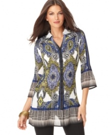Contrasting paisley and geometric prints make this petite Alfani chiffon tunic a bold pick for a chic statement! Contrasting paisley and geometric prints make this petite Alfani chiffon tunic a bold pick for a chic statement!