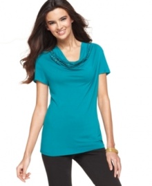 Alfani's petite top is elevated by a beautifully beaded cowl neckline. It's the perfect way to add a splash of sparkle to an everyday outfit. Alfani's petite top is elevated by a beautifully beaded cowl neckline. It's the perfect way to add a splash of sparkle to an everyday outfit.