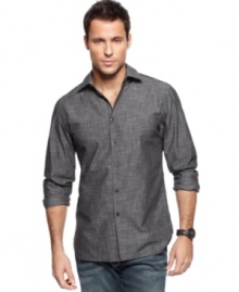 Keep it modern with this shirt from Alfani. The light cotton blend and intricate slub pattern will keep you looking fresh on those warm winter nights. Keep it modern with this shirt from Alfani. The light cotton blend and intricate slub pattern will keep you looking fresh on those warm winter nights.