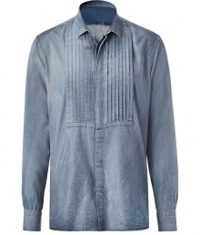 Ultra-stylish indigo destroyed denim shirt - This cotton-and-rayon-blend shirt can be worn casually or dressed up for night - Cool front pin-tuck details and hidden front buttons - Pair with slim trousers, a blazer, and boots for updated office attire - Try with black jeans, a leather jacket, and trainers