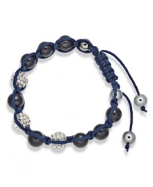 Shamballa-inspired bracelets are all the rage this season! Snap up this hot style from Ali Khan featuring semi-precious black agate beads and pave glass fireballs on a trendy black cord. Bracelet adjusts to fit the wrist. Approximate diameter: 2 inches. Approximate length: 12-1/4 inches.