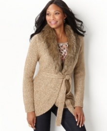 Sparkle and shine in this cozy cardigan from Charter Club! A faux fur shawl collar is a sumptuous detail you'll love. Sparkle and shine in this cozy cardigan from Charter Club! A faux fur shawl collar is a sumptuous detail you'll love.