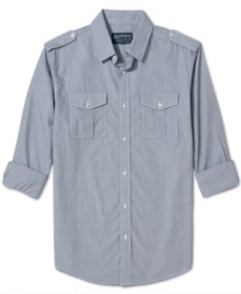 A mini-stripe pattern gives this military-style shirt from American Rag its four-star style. A mini-stripe pattern gives this military-style shirt from American Rag its four-star style.