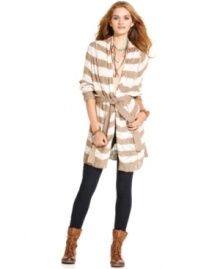 Cozy and cute -- what more do you need in a fall layer? This long sweater from American Rag features neutral stripes and a belted waist for the perfect, nipped-in fit.