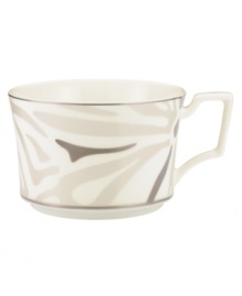 Abstract markings in soft shades of khaki fill in this glazed white china cup for unconventional elegance. From Noritake dinnerware, these dishes have matte platinum bands and an arched, geometric handle that look sharp on casual and formal tables alike. Abstract markings in soft shades of khaki fill in this glazed white china cup for unconventional elegance. From Noritake dinnerware, these dishes have matte platinum bands and an arched, geometric handle that look sharp on casual and formal tables alike.