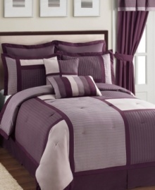 Purple reigns supreme in the Chesire comforter set, featuring everything you need to give your room a stylish makeover in minutes. This chic ensemble boasts textured ribbing on bold blocks of color for a decidedly modern allure. Accent pillows and coordinating window treatments finish the look with flair.