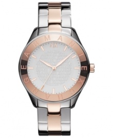 Elegant additions of rose-gold hues make this structured steel watch from AX Armani Exchange a ladylike must-own. Elegant additions of rose-gold hues make this structured steel watch from AX Armani Exchange a ladylike must-own.