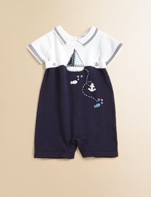 Rendered in plush, cozy cotton, this adorable sailor-inspired one-piece knit will make a splash.Point collarShort sleevesBack buttonsWaistband with button detailBottom snaps for easy on and offCottonMachine washImported Please note: Numbers of buttons and snaps may vary depending on size ordered. 