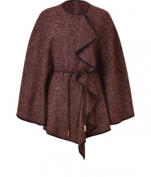 Rich, textured knits take a sophisticated turn with Etros sumptuous, claret-hued wool and silk poncho - Elegantly mottled tweed compliments the chocolate leather piping - Easy fit, with a round neck, decorative draped front and tie-cinched waist - Truly versatile and elegant, ideal for pairing with everything from jeans and a light pullover to a leather skirt and button down blouse