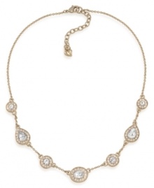 Carolee creates a shimmering illusion with this stunning necklace. Glass stones set in gold tone teardrop pendants are placed on a chain crafted of gold tone mixed metal. Approximate length: 16 inches + 2-inch extender. Carolee creates a shimmering illusion with this stunning necklace. Glass stones set in gold tone teardrop pendants are placed on a chain crafted of gold tone mixed metal. Approximate length: 16 inches + 2-inch extender.