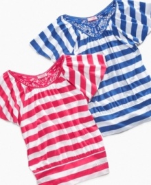 Keep it light. With allover stripes and flutter sleeves, this top from Guess is the perfect look for the summer sun. Keep it light. With allover stripes and flutter sleeves, this top from Guess is the perfect look for the summer sun.