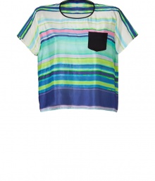 Detailed in candy-colored striped silk with a modern boxy fit, NY born and raised designer Jonathan Simkhais airy tee is an effortless way to dress up your look - Round neckline with black trim, short sleeves, black chest pocket - Loose, boxy fit - Wear with a high-waisted skirt and fun flats