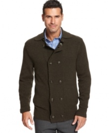 Add some edge to any day at the office with this updated classic cardigan from Tasso Elba. Add some edge to any day at the office with this updated classic cardigan from Tasso Elba.