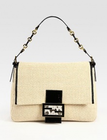 A boxy flap silhouette of woven straw, trimmed with lustrous patent leather and python detailing at the front clasp.Adjustable shoulder strap, 7¼-9¾ dropFlap snap closureOne inside zip pocketCanvas lining12½W X 9¼H X 5½DMade in Italy A boxy flap silhouette of woven straw, trimmed with lustrous patent leather and python detailing at the front clasp.Adjustable shoulder strap, 7¼-9¾ dropFlap snap closureOne inside zip pocketCanvas lining12½W X 9¼H X 5½DMade in Italy