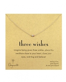 A wear-everywhere wish come true. Dogeared's delicate Three Wishes necklace with sterling silver, gold-dipped and gold rose-dipped miniature loops A wear-everywhere wish come true. Dogeared's delicate Three Wishes necklace with sterling silver, gold-dipped and gold rose-dipped miniature loops