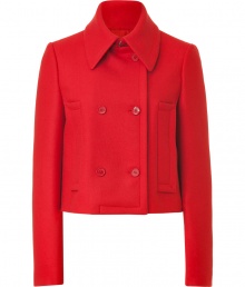 Sleek and sophisticated, this virgin wool jacket from Michael Kors is both vibrant and versatile - On trend, cropped double breasted cut with two rows of buttons and long, slim sleeves - Oversize collar and vertical pockets - Jacket hits above the hips - Pair with everything from a tank or button down and skinny jeans to wide leg trousers, pencil skirts and leather leggings