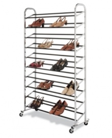 Pair up and conquer clutter. A smart addition to any space, the durable chromed steel tower holds and displays up to 50 pairs of shoes, clearing up floor space and making your morning outfit choices that must easier. Pair up and conquer clutter. A smart addition to any space, the durable chromed steel tower holds and displays up to 50 pairs of shoes, clearing up floor space and making your morning outfit choices that must easier.