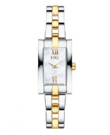 Golden touches add elegance to this versatile Linque watch by ESQ by Movado. Two-tone stainless steel bracelet and rectangular case. Mother-of-pearl dial features gold tone Roman numerals at twelve and six o'clock, two hands and logo. Swiss quartz movement. Water resistant to 30 meters. Two-year limited warranty.