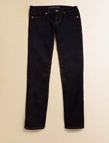 Gently faded slim leg jeans are comfortable stretch denim with whiskered details.Front zip and button closure Belt loops Classic five pocket style 92% cotton/7% polyester/1% spandex Machine wash Made in USA Gently faded slim leg jeans are comfortable stretch denim with whiskered details.Front zip and button closure Belt loops Classic five pocket style 92% cotton/7% polyester/1% spandex Machine wash Made in USA