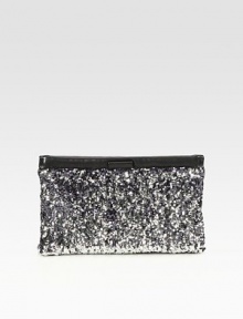 Sequined design finished with leather trim.Hinged closureOne inside zip pocketTwo inside open pocketsSatin lining11W X 7½H X ½DMade in Italy Sequined design finished with leather trim.Hinged closureOne inside zip pocketTwo inside open pocketsSatin lining11W X 7½H X ½DMade in Italy