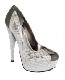 A play on textures. Alternating suede and metallic fabrics make the Pamelia platform pumps by Bebe a pair of true stunners. A play on textures. Alternating suede and metallic fabrics make the Pamelia platform pumps by Bebe a pair of true stunners.