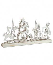 Let it snow, let it snow, let it snow! A fun frosty friend frolics amongst the woodsy trees in this Snowman centerpiece for a whimsical look. Let it snow, let it snow, let it snow! A fun frosty friend frolics amongst the woodsy trees in this Snowman centerpiece for a whimsical look.