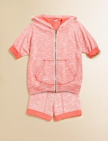 She'll be cozy and cool in this hooded topper with contrasting trim and a convenient kangaroo pocket.Attached hoodThree-quarter length sleevesFull-zip frontKangaroo pockets37% rayon/47% polyester/16% cottonMachine washImported