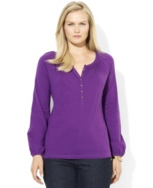 Antiqued brass buttons lend romantic flair to Lauren Ralph Lauren's light and airy cotton plus size jersey peasant top.